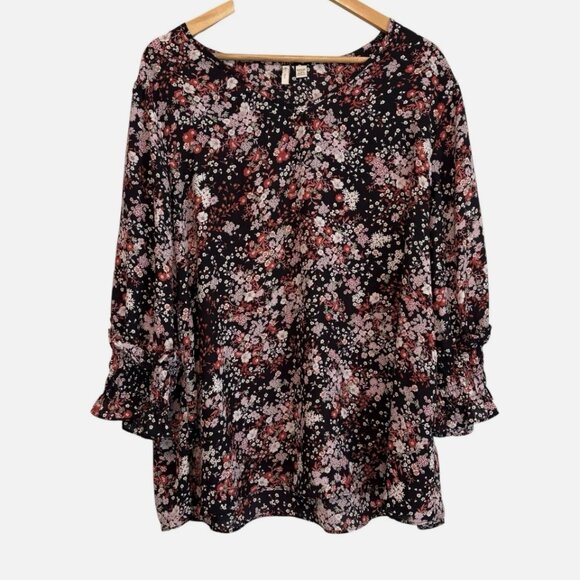 Cato Tops - Women's 18 / 20 W Smocked Black Floral Shirred Sleeve Romantic Goth Plus Blouse
